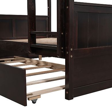 Trikiousd Full Over Full Bunk Bed with Twin Trundle, 3-in-1 Solid Wood Bed Converts to 2 Full Beds