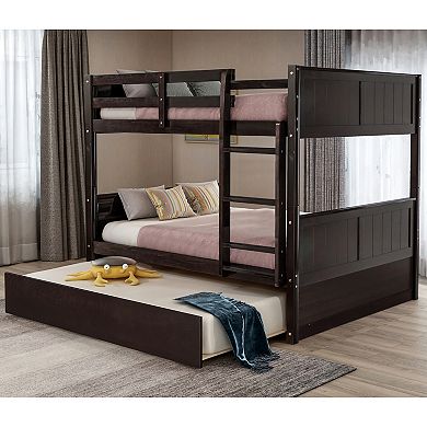 Trikiousd Full Over Full Bunk Bed with Twin Trundle, 3-in-1 Solid Wood Bed Converts to 2 Full Beds