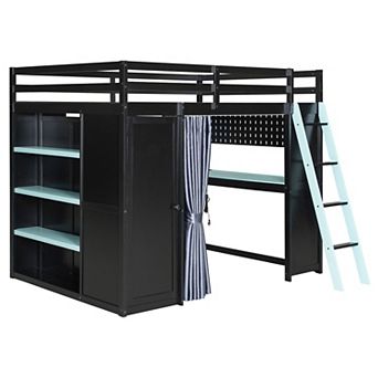 Trikiousd Solid Wood Full RGB Gaming Loft Bed w/Desk, 6 Shelves, Wardrobe, Blackout Curtain,USB Port