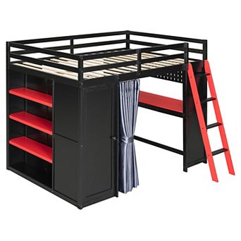 Trikiousd Solid Wood Full RGB Gaming Loft Bed w/Desk, 6 Shelves, Wardrobe, Blackout Curtain,USB Port