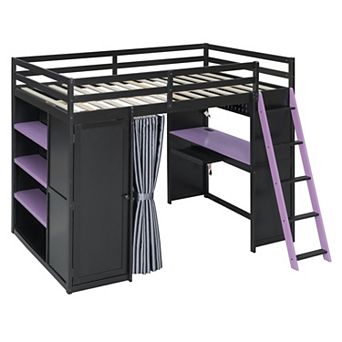 Trikiousd Solid Wood Full RGB Gaming Loft Bed w/Desk, 6 Shelves, Wardrobe, Blackout Curtain,USB Port