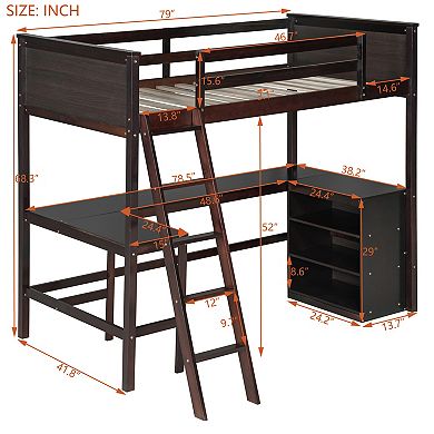 Trikiousd Solid Wood Loft Bed Space Saving Twin Size Bed with Desk and Shelves
