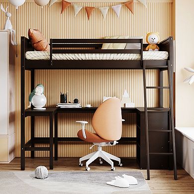 Trikiousd Solid Wood Loft Bed Space Saving Twin Size Bed with Desk and Shelves
