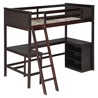 Trikiousd Solid Wood Loft Bed Space Saving Twin Size Bed with Desk and Shelves