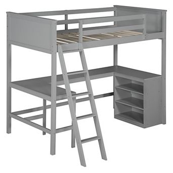 Trikiousd Solid Wood Loft Bed Space Saving Twin Size Bed with Desk and Shelves