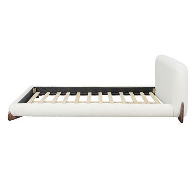 Trikiousd Low Profile Platform Bed Upholstered Bed w/ Boucle Thick Headboard, Solid Wood Anchor Legs