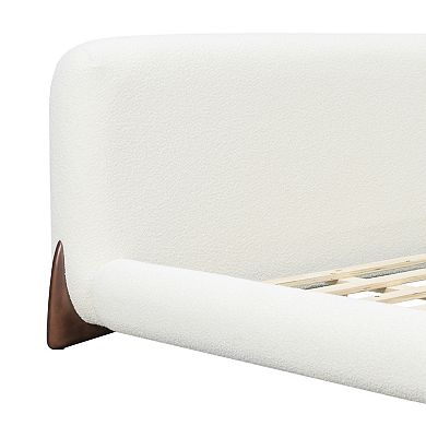 Trikiousd Low Profile Platform Bed Upholstered Bed w/ Boucle Thick Headboard, Solid Wood Anchor Legs