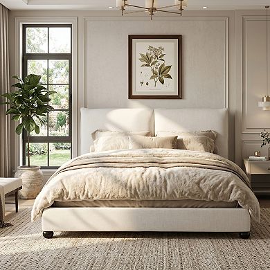 Trikiousd Modern Upholstered Platform Bed with Linen Pillow-Back Headboard, Grounding Wingback Bed