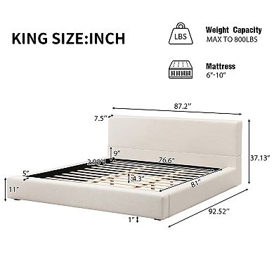 Trikiousd Beige King Upholstered Bed with Linen Thick Headboard, Grounding Floor Bed Solid Wood Legs