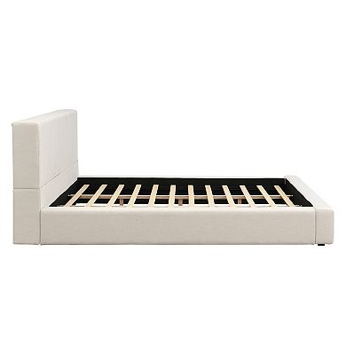 Trikiousd Beige King Upholstered Bed with Linen Thick Headboard, Grounding Floor Bed Solid Wood Legs