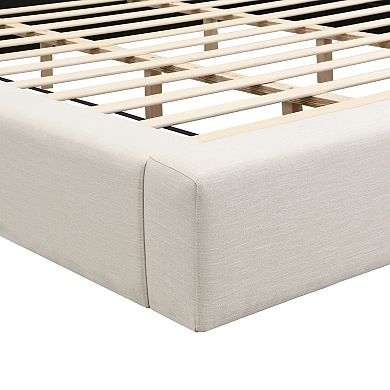 Trikiousd Beige King Upholstered Bed with Linen Thick Headboard, Grounding Floor Bed Solid Wood Legs