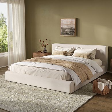 Trikiousd Beige King Upholstered Bed with Linen Thick Headboard, Grounding Floor Bed Solid Wood Legs