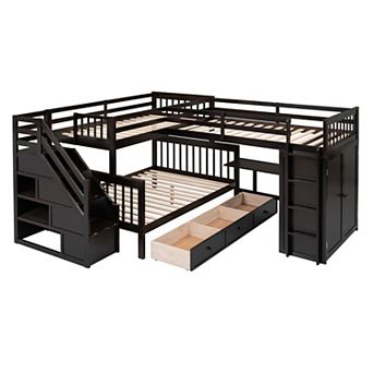 Trikiousd L-Shaped Triple Bunk Bed w/Desk & Wardrobe, Wood Twin-Twin over Full Bed Frame w/3 Drawers