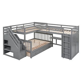 Trikiousd L-Shaped Triple Bunk Bed w/Desk & Wardrobe, Wood Twin-Twin over Full Bed Frame w/3 Drawers