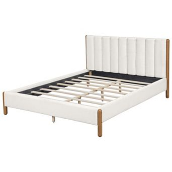 Trikiousd Boucle Upholstered Platform Bed Modern Wood Frame Low Profile Bed with Thick Headboard