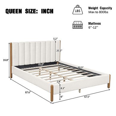 Trikiousd Boucle Upholstered Platform Bed Modern Wood Frame Low Profile Bed with Thick Headboard