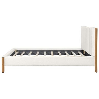 Trikiousd Boucle Upholstered Platform Bed Modern Wood Frame Low Profile Bed with Thick Headboard