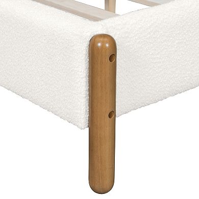 Trikiousd Boucle Upholstered Platform Bed Modern Wood Frame Low Profile Bed with Thick Headboard