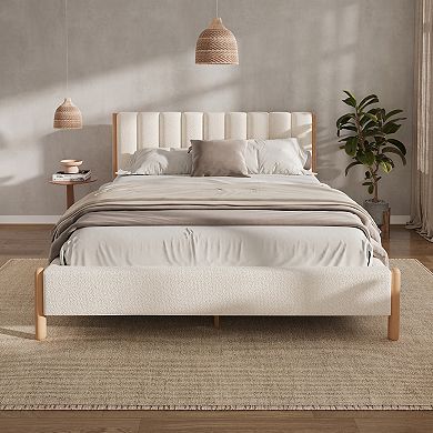 Trikiousd Boucle Upholstered Platform Bed Modern Wood Frame Low Profile Bed with Thick Headboard