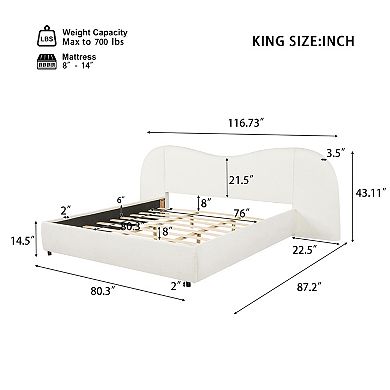 Trikiousd King Bed Frame Upholstered Boucle Platform Bed with Curved Wide Headboard