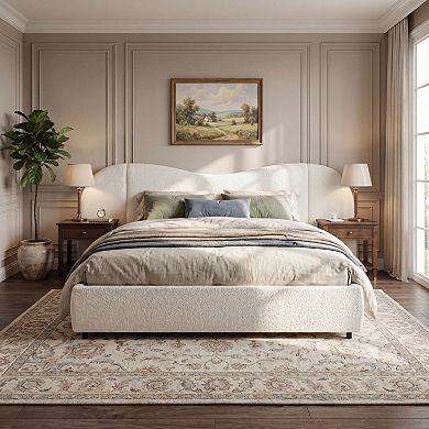 Trikiousd King Bed Frame Upholstered Boucle Platform Bed with Curved Wide Headboard