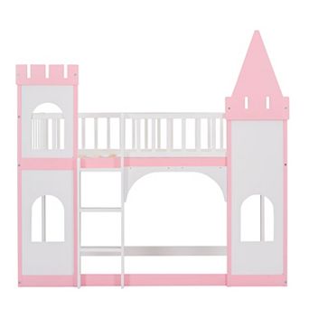 Trikiousd Twin Over Twin Castle Bunk Bed with Ladder, Solid Wood Floor Bed for Kids, Pink