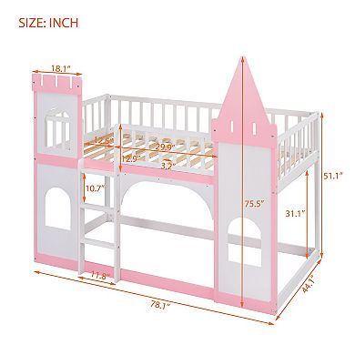 Trikiousd Twin Over Twin Castle Bunk Bed with Ladder, Solid Wood Floor Bed for Kids, Pink