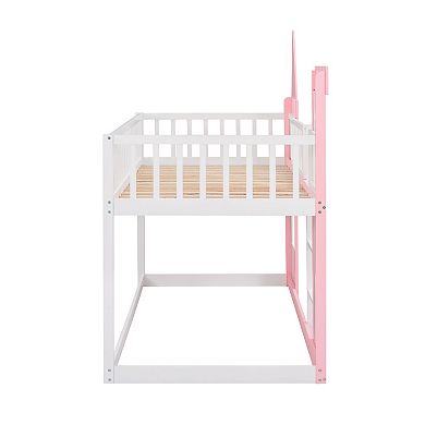Trikiousd Twin Over Twin Castle Bunk Bed with Ladder, Solid Wood Floor Bed for Kids, Pink