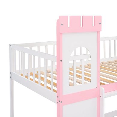 Trikiousd Twin Over Twin Castle Bunk Bed with Ladder, Solid Wood Floor Bed for Kids, Pink