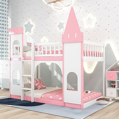 Trikiousd Twin Over Twin Castle Bunk Bed with Ladder, Solid Wood Floor Bed for Kids, Pink
