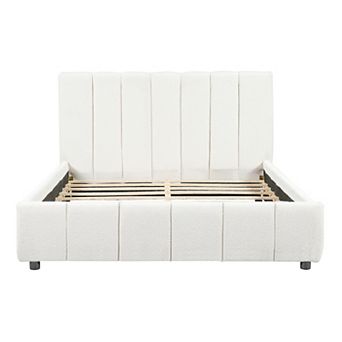 Trikiousd Boucle Upholstered Bed Modern Vertical Stripe Tufting Platform Bed Grounding Wingback Bed