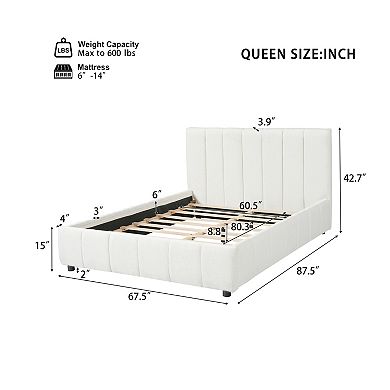 Trikiousd Boucle Upholstered Bed Modern Vertical Stripe Tufting Platform Bed Grounding Wingback Bed