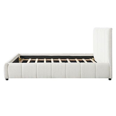 Trikiousd Boucle Upholstered Bed Modern Vertical Stripe Tufting Platform Bed Grounding Wingback Bed