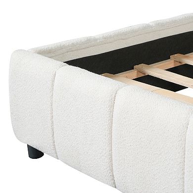 Trikiousd Boucle Upholstered Bed Modern Vertical Stripe Tufting Platform Bed Grounding Wingback Bed