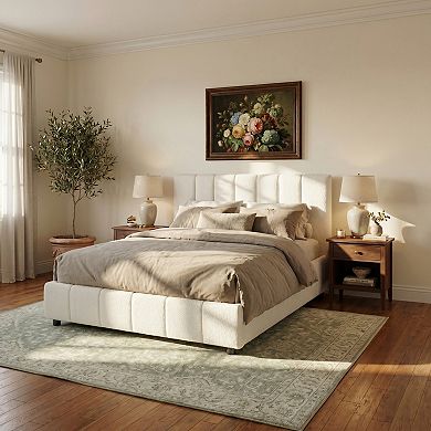 Trikiousd Boucle Upholstered Bed Modern Vertical Stripe Tufting Platform Bed Grounding Wingback Bed