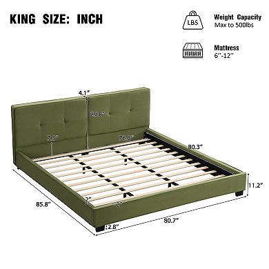 Trikiousd King Size Bed Velvet/Boucle Upholstered Platform Bed, Tufted Square Corners Haedboard