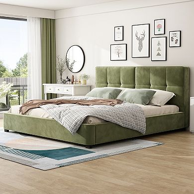 Trikiousd King Size Bed Velvet/Boucle Upholstered Platform Bed, Tufted Square Corners Haedboard