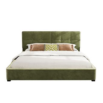 Trikiousd King Size Bed Velvet/Boucle Upholstered Platform Bed, Tufted Square Corners Haedboard