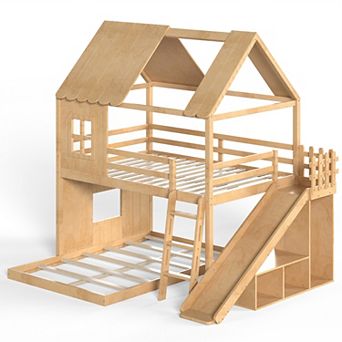 Trikiousd Full House Bunk Bed w/ Storage Shelves & Wardrobe, Wood Floor Playhouse Bed w/ Slides