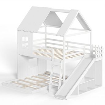 Trikiousd Full House Bunk Bed w/ Storage Shelves & Wardrobe, Wood Floor Playhouse Bed w/ Slides