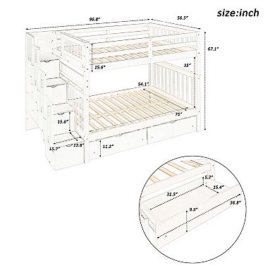Trikiousd Modern Full Over Full Staircase Bunk Bed with Shelves and Storage Drawer