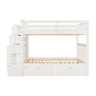 Trikiousd Modern Full Over Full Staircase Bunk Bed with Shelves and Storage Drawer