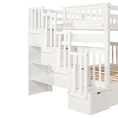 Trikiousd Modern Full Over Full Staircase Bunk Bed with Shelves and Storage Drawer