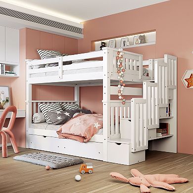 Trikiousd Modern Full Over Full Staircase Bunk Bed with Shelves and Storage Drawer