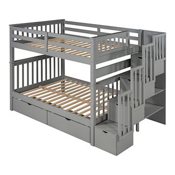 Trikiousd Modern Full Over Full Staircase Bunk Bed with Shelves and Storage Drawer