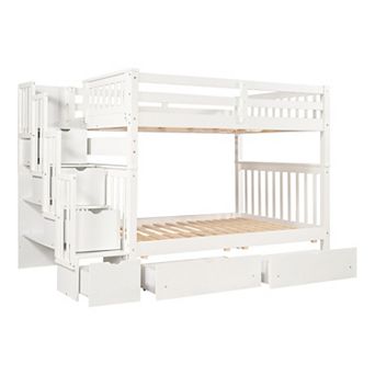 Trikiousd Modern Full Over Full Staircase Bunk Bed with Shelves and Storage Drawer