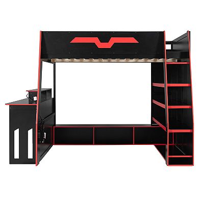 Trikiousd Wood Loft Bed Full Size RGB Gaming Bed w/ Storage Shelves, Table Adjustable Placement
