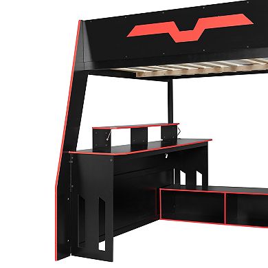 Trikiousd Wood Loft Bed Full Size RGB Gaming Bed w/ Storage Shelves, Table Adjustable Placement