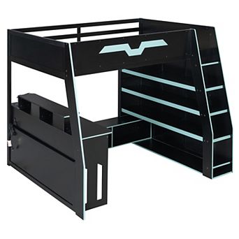 Trikiousd Wood Loft Bed Full Size RGB Gaming Bed w/ Storage Shelves, Table Adjustable Placement