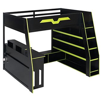 Trikiousd Wood Loft Bed Full Size RGB Gaming Bed w/ Storage Shelves, Table Adjustable Placement
